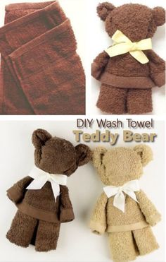 four different pictures of teddy bears made out of brown and white towels with bows on them