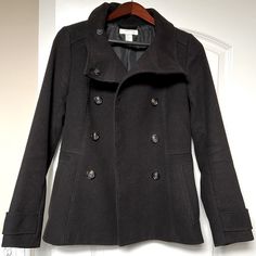 H&M Pea Coat - Black. Size 6 Women’s. Button-Up With Collar Snap Closures. Width: Shoulders ~ 16 In. Length: Sleeve ~ 25.5 In. Functional Side Pockets. Hits Just Below Hip. Thick And Warm. Never Worn! H&m Fitted Winter Outerwear, H&m Double-breasted Winter Outerwear, H&m Black Workwear Outerwear, H&m Black Outerwear For Work, Fitted H&m Outerwear For Fall, H&m Jackets, Coat Black, Pea Coat, Black Coat