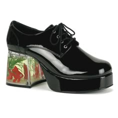 This is a listing for a new pair of 3.5” Black Patent Platform Shoes.  The heel is clear with a fake goldfish inside.  Made by Funtasma, which is the go-to brand for great costume shoes.  The style name is Pimp-02.  These would be a great addition to a 70s, Disco or Pimp themed costume. Available colors: Black Patent, White Patent, Zebra Print, Cheetah Print  Available sizes: US men's sizes 8/9, 10/11, 12/13 and 14.  The sizing for these shoes runs in doubles, however don't be scared off by that Halloween Costume Shoes, Disco Shoes, Mens Platform Shoes, Dr Shoes, Platform Shoe, Black Platform Shoes, Oxford Platform, Pleaser Shoes, 70s Disco