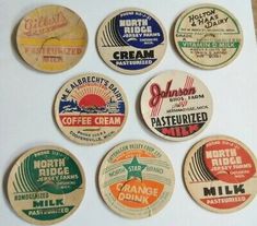 six different vintage milk bottle caps from the 1950's and early 1960s's