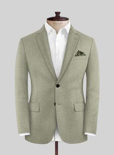 Prepare for warmer spring temperatures with the Italian Orfini Summer Green Wool Jacket. Crafted from pure merino wool, the jacket's versatile solid color silhouette is both flattering and fashionable, making it a must-have for any fashion-forward wardrobe. This stylish olive green jacket is perfect for any formal occasion, creating a timeless look. 
 
 
Look features a 2 button jacket with notch lapels, h orn royal black  buttons, single vent and two cuff buttons.   
 You can change the look du Brown Tweed Suit, Khaki Suit, Herringbone Tweed Jacket, Brown Suit, British Khaki, Tweed Suit, Khaki Jacket, Brown Tweed, Beautiful Suit