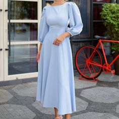 Fabric: Crepe Cotton 75%, Polyester 20%, Elastane 5% Round neckline Puff sleeves Long sleeves Bow tie back detail Button lock at the back Backless dress Midi length Baby Blue Winter Dress, Blue Winter Dress, Blue Winter Dresses, Long Sleeve Bridesmaid Dress, Puff Sleeve Midi Dress, Baby Blue Dresses, Puff Dress, Sleeve Midi Dress, Dress Midi