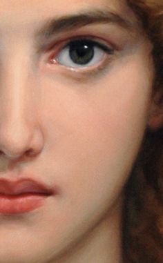 a painting of a woman's face with brown hair and blue eyes, close up