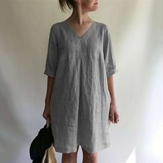 Season:Summer,Spring; Fabric:Cotton Blend; Sleeve Length:Half Sleeve; Look After Me:Machine wash,Hand wash; Gender:Women's; Style:Classic,Basic,Casual; Elasticity:Micro-elastic; Occasion:Vacation,Daily,Outdoor; Fit Type:Loose Fit; Dresses Type:Tunic Dress,Casual Dress,Cotton Linen Dress,A Line Dress,Shift Dress; Pattern:Pure Color; Design:Ruched,Rolled Cuff; Neckline:V Neck; Front page:FF; Listing Date:05/10/2022; Production mode:External procurement; 2024 Trends:Linen,2023; Bust:; Length:; Fit US Size:null; Fit UK Size:null; Fit EU Size:null; Dress Length Type:Mini Dress Tunik Linen, Linen Loose Dress, Linen Tunic Dress, Perfect Summer Outfit, Cotton Linen Dresses, Linen Mini Dress, Estilo Chic, Linen Tunic, Straight Dress