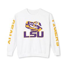 This custom crewneck sweatshirt brings both incredible quality and amazing style to the mix. Made with soft, ring-spun cotton fabric with 100% cotton threads, it sits unmatched when it comes to softness. All sweatshirts feature a rolled forward shoulder and are printed with OEKO-TEX-certified low-impact dyes. Lastly, Comfort Colors is a proud member of the US Cotton Trust Protocol which means sustainable cotton sourcing that's good for the environment.  .: 100% ring-spun cotton .: Light fabric ( Lsu Sweatshirt, Fall Tailgating, Lsu Game, Custom Crewneck Sweatshirts, College Team, Fall Sweatshirt, Jumper, Sweat Shirt, Crew Neck Sweatshirt