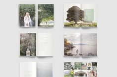 the inside pages of a wedding album are open to show photos and text on it