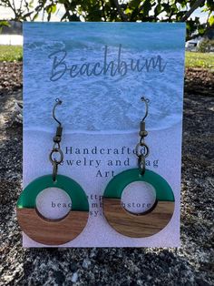 Georgeous poured resin earring designs.  lightweight and fun to wear anywhere!  large hoops approx 2" medium hoops approx 1" Nickel-free Green Resin Earrings, Resin Earring, Earring Designs, Beach Bum, Designer Earrings, Favorite Jewelry, Porter, Walnut, Jewelry Earrings Dangle