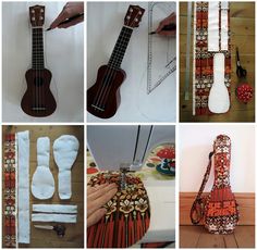 several different types of musical instruments are shown in this collage, including the ukulele