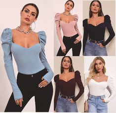 F00078996-506 Fitted Light Blue Winter Tops, Fitted Light Blue Top For Winter, Fitted Light Blue Tops For Winter, Winter Blue Solid Color Tops, Light Blue Fitted Tops For Fall, Fitted Light Blue Long Sleeve Top, Light Blue V-neck Winter Top, Satin Bluse, Style Bubble