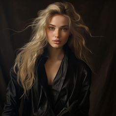 a woman with long blonde hair wearing a black leather jacket and posing for a portrait