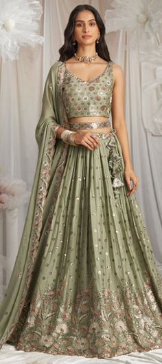 Green color Lehenga in Georgette fabric with Embroidered, Sequence work Festive Green Georgette Lehenga, Green Georgette Lehenga, Wedding Green Georgette Lehenga, Formal Green Georgette Lehenga, Green Embroidered Georgette Lehenga, Green Color Lehenga, Engagement Reception, Reception Lehenga, Wedding Green