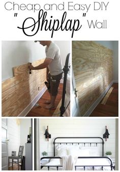 a collage of photos showing how to make a shiplap wall