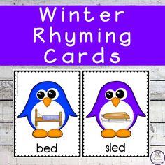 winter rhyming cards with two penguins