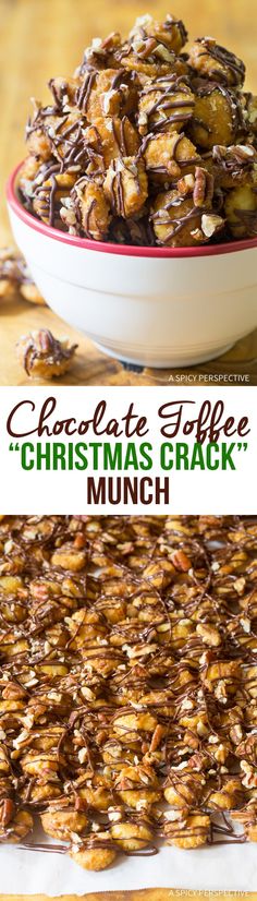 Chocolate Toffee Christmas Crack Munch Recipe - A fabulous holiday edible gift! Have you tried "christmas crack" saltine cracker toffee? If so, you are going to go crazy over this snack mix version! via @spicyperspectiv Cereal Mixes, Toffee Christmas, Christmas Toffee, Recipes Deserts, Saltine Cracker Toffee, Saltine Cracker, Toffee Crunch, Season Recipes, Daycare Gifts