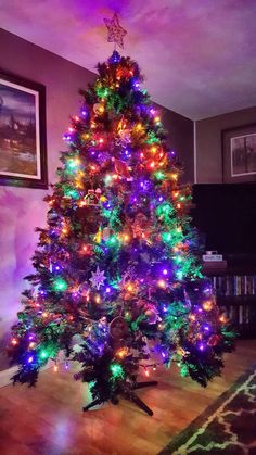 a brightly lit christmas tree in a living room