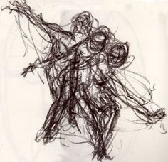 a black and white drawing of two people holding each other's arms in the air