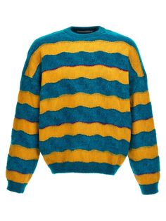 Patterned wave sweater in wool blend and mohar blend, round-neck model. Composition: 43% mohair wool 38% w 19% nylon Wave Sweater, Patterned Sweater, Cyan Blue, Yellow Knit, Striped Sweatshirts, Crossbody Tote Bag, Mohair Wool, Create Outfits, Knitwear Men