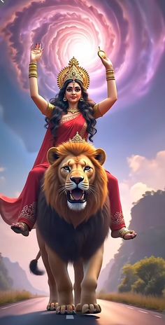 a woman riding on the back of a lion in front of a sky filled with clouds