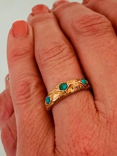 Great Victorian collectable ring with 3 Genuine. turquoise cabochon stones set in 15k gold  Fully Hallmarked including 15 = 15k gold - Rich yellow gold color Circa approx. 1850-70 The stones measure approx. 3.25 (2) and 3.75mm SIZE 7.5 resized within reason (up or down 2 sizes) Note: see video...the sides have "dents" as the ring appears hollow (?) the rest (top part) is in perfect shape 1.4grams TURQUOISE -It is associated with the meanings of good luck, energy, wisdom, creativity, patience, lo Gold Turquoise Ring With Birthstone For Anniversary, Gold Turquoise Ring With Gemstone For Anniversary, Stackable Gold Turquoise Ring In 14k Gold, Gold Stackable Turquoise Ring For Anniversary, Gold Stackable Turquoise Promise Ring, Heirloom Gold Turquoise Gemstone Ring, Heirloom Gold Emerald Three Stone Ring, Heirloom Gold Emerald Ring With Three Stones, Gold Hallmarked Turquoise Ring Fine Jewelry