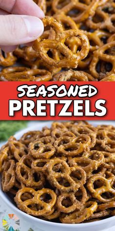 a close up of a plate of pretzels with the words seasoned pretzels above it