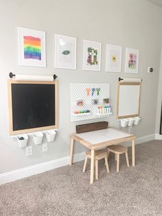 a child's playroom with toys and artwork on the wall, including a chalkboard