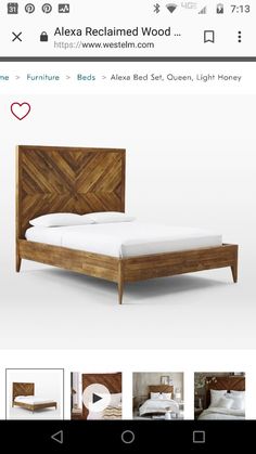 a bed frame made out of wood with white sheets and pillows on the bottom side