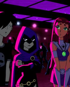 three cartoon characters are standing in a room with purple lighting and one is wearing a costume