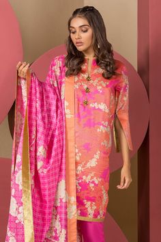 This summer, the new festive collection has been set up with new Pakistani casual printed lawn outfits to give you a cool lavish look in this hot season. You can buy fresh seasonal wear online to adorn your summer look in an elegant way. Shirt: This lawn attire is showing its grace with pink color printed front and back panels for shirt. Printed doria lawn shirt is over digitally printed with beautiful flower prints. Sleeves are also beautifully printed in elegant patterns. Trouser: Pink color c Hot Season, Lawn Design, Outfit Png, Festive Collection, Lawn Shirts, Late Summer, Casual Summer Outfits, Pink Fabric, Beautiful Flower