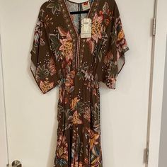 Beautiful Fall Colors, Cinches At The Waist. Never Been Worn. Brown Boho Maxi Dress For Spring, Brown Maxi Length Boho Dress For Spring, Spring Brown Boho Maxi Dress, Brown Boho Dress For Beach In Spring, Brown Boho Beach Dress For Spring, Brown Boho Dress For Beach And Spring, Brown Floral Print Maxi Dress For Vacation, Fitted Brown Boho Dress For Spring, Flowy Brown Beach Dresses