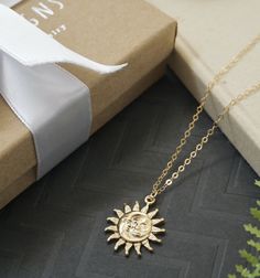 Gold Sun Necklace DETAILS : - gold plated sun pendant - 14K gold filled chain DIMENSION : Pendant : 18 mm Necklace length : 17 inches 14k Gold Necklaces With Sun Design, Gold Plated Sun Design Necklace As Gift, Gold Sun-shaped Jewelry For Everyday, Gold Plated Sun Design Necklace Gift, 14k Gold Sun Design Necklaces, 14k Gold Sun Design Necklace, Gold Sun-shaped Necklace Gift, Gold Sun-shaped Necklace As A Gift, Dainty Gold Sun-shaped Necklace