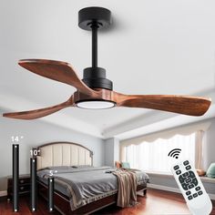 a ceiling fan with remote control in a bedroom setting, showing the size and measurements