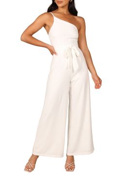 Elevate your special-occasion style with this asymmetric jumpsuit featuring a tie belt and a flowy, wide-leg silhouette. Hidden back-zip closure Asymmetric neck Adjustable strap Removable tie belt Partially lined 95% polyester, 5% spandex Hand wash, dry flat Imported Chic Strapless Jumpsuit With Tie Waist, Elegant Strapless Halter Neck Jumpsuit For Spring, Elegant Halter Neck Strapless Jumpsuit For Spring, Spring Evening Strapless Wide Leg Jumpsuit, One-shoulder Jumpsuits And Rompers For Spring Date Night, Spring Party Jumpsuits With Tie Waist, Elegant Belted Jumpsuits And Rompers For Summer, Summer Party Jumpsuits And Rompers With Tie Waist, Chic Strapless Maxi Jumpsuit For Spring