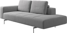 a gray couch with two pillows on it's back end and legs, against a white background