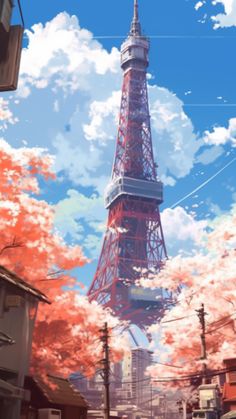 the eiffel tower in paris, france is surrounded by pink trees and buildings