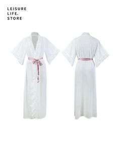 Chic White Lace Bathrobe for Summer Satin Long Sleeve Nightwear Luxury Satin Home Wear White V-neck Robe For Sleep, White Long-length Sleepwear For Loungewear, White V-neck Loungewear Robe, Long White Robe For Home, White Long Sleepwear For Summer, Long White Sleepwear For Summer, Long White Summer Sleepwear, Long Summer Sleepwear For Wedding Night, Summer Wedding Night Long Sleepwear