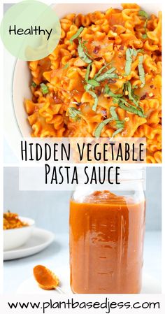 two pictures with the words hidden vegetable pasta sauce in front of it and an image of a