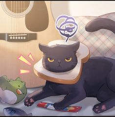 a black cat laying on top of a bed next to a guitar