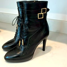 Complete A Stylish Rock Chick Look With These Black Leather Brogue Lace Up Platform Ankle Boots By Burberry. These Size 39 Leather Ankle Boots Features Brogue Detailing, Almond Toes, Ankle Wrap Buckles And 4.25 Heel Height With A 0.75 Platform The Padded Leather Lined Insoles Feature Burberry Label. Original Retail $900 Worn Once Authentic No Box Rock Chick, Leather Brogues, Burberry Black, Burberry Shoes, Ankle Wrap, Platform Ankle Boots, Lace Up Ankle Boots, Leather Ankle Boots, Bootie Boots