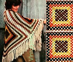 the woman is wearing a shawl and standing next to a wooden door with her hands in her pockets