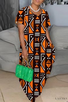 Lasaky - Womens Plus Size Casual Printed Long Dress with O-Neck Design Casual Orange Printed Midi Dress, Casual Green Dress With Geometric Pattern, Casual Multicolor Geometric Pattern Maxi Dress, Casual Multicolor Maxi Dress With Geometric Pattern, Casual Dresses With Geometric Pattern, Ankara Long Gown Styles, Long Dress Plus Size, Casual Short Sleeve Dress, Gown Styles