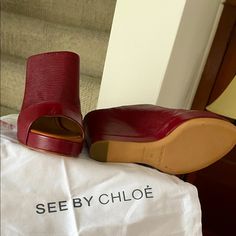 100% Leather Deep Red In Color Height 0.75 Never Worn Raffia Sandals, Chloe Brown, Black Leather Mules, Clogs And Mules, Suede Clogs, Chloe Shoes, Suede Mules, Wooden Heel, Leather Clogs