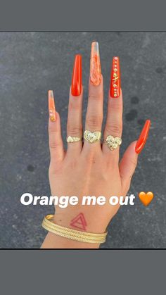 November Acrylic Nails Coffin, Red Orange Nails Acrylic, Orange Nails Coffin, Summer Long Nail Ideas, Orange Birthday Nails, Trendy Orange Nails, Long Coffin Nail Designs, Orange Acrylic Nails, Water Nails