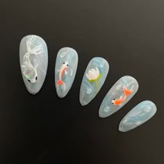 Nails Fish Design, Fish Nail Art Designs, Fish Tank Nails, Fish Themed Nails, Koi Fish Nail Design, Nail Art Fish, Jelly Fish Nails Art, Coy Fish Nails, Nails With Fish