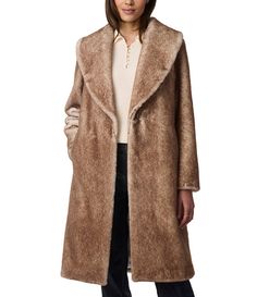 From Bernardo&#x2C; this coat features:Faux fur fabricationShawl collar neckline Long sleevesSlit pocketsFully lined Straight hemline Clip closure Approx. 42" lengthRecycled polyester/polyesterDry clean Imported Fall Outerwear With Faux Fur Lining And Lapel Collar, Chic Fur Coat With Pockets For Fall, Long Fur Coat With Faux Fur Trim For Work, Fur Coat With Faux Fur Lining For Work, Chic Mink Outerwear For Cold Weather, Mink Long Coat For Work, Fall Mink Outerwear With Faux Fur Lining, Chic Mink Color Outerwear With Faux Fur Lining, Chic Mink Outerwear For Fall