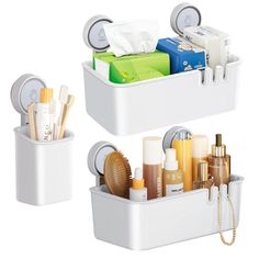 two white containers with different types of items in them and one is holding toiletries