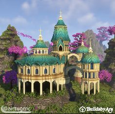 Moss Castle Minecraft, Fantasy Castle Minecraft Ideas, Minecraft Elven Village, Elven Buildings Minecraft, Minecraft Elven City, Minecraft Elven Building Ideas, Circular Minecraft House, Rivendell Minecraft, Minecraft Elven Castle