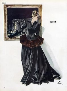 a drawing of a woman in an evening dress looking at a painting