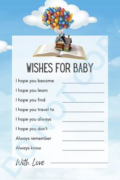 a baby's wish card with an image of a house and balloons in the sky