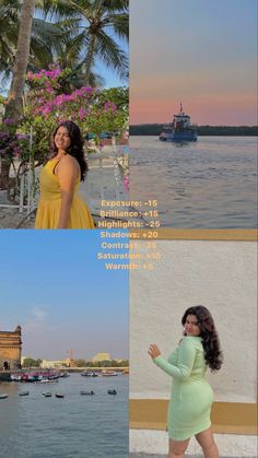 a woman in a yellow dress is standing near the water and some boats are on the water