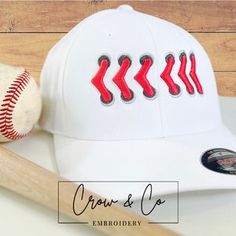 a baseball bat and white hat with red stitching on it, sitting next to a baseball